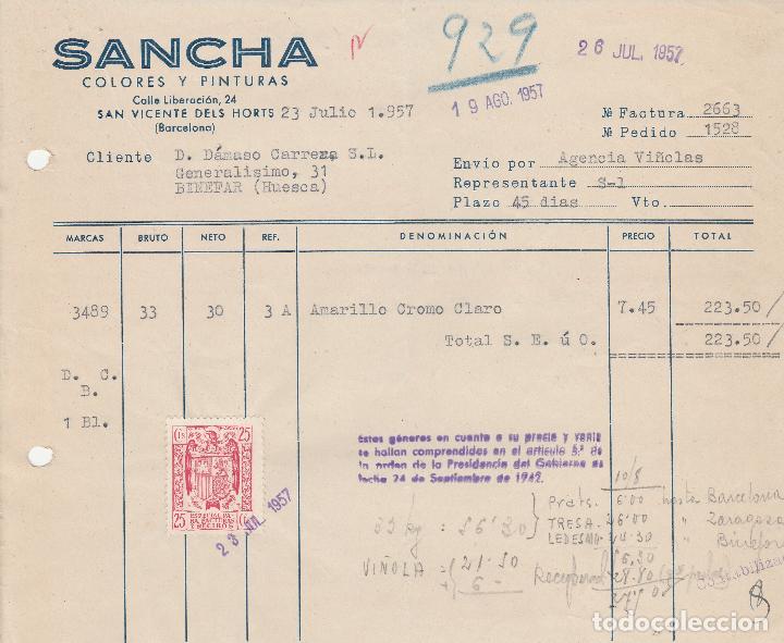 Alte Rechnungen: FACTURA. SANCHA. COLORES Y PINTURAS. SAN VICENTE DELS HORTS-BARCELONA. 1957.