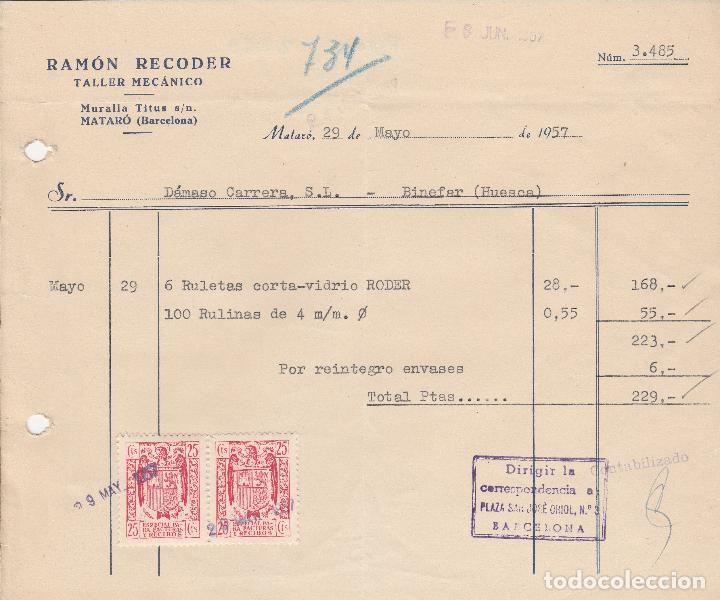 Alte Rechnungen: FACTURA. RAM&Oacute;N RECODER. TALLER MEC&Aacute;NICO. MATAR&Oacute;-BARCELONA. 1957.
