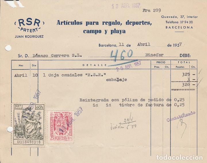 Alte Rechnungen: FACTURA. RSR-PATENT . JUAN RODRIGUEZ. ART&Iacute;CULOS PARA REGALO. BARCELONA. 1957.