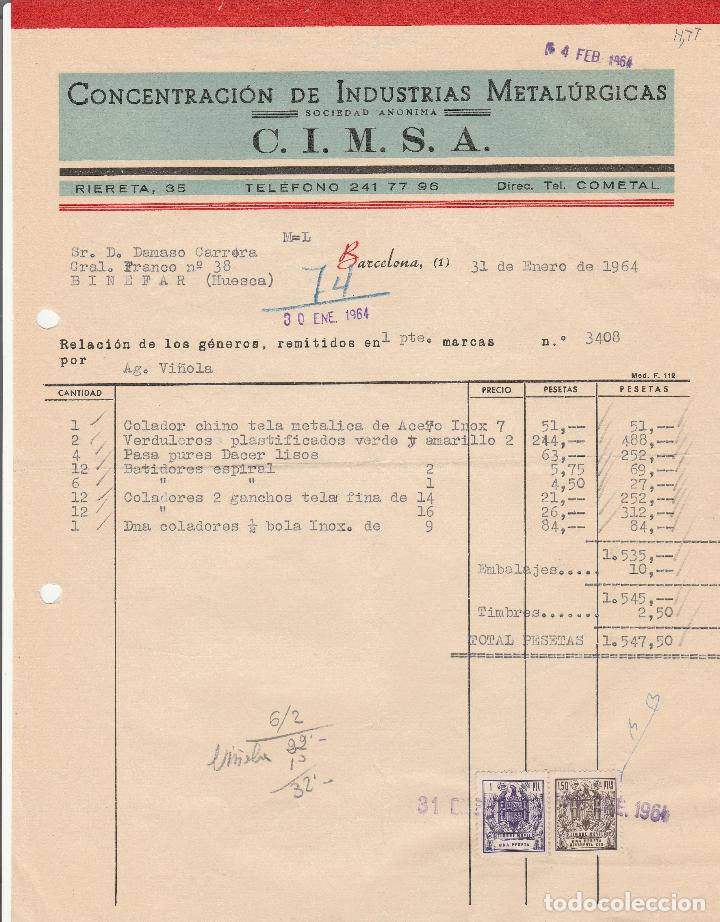 Alte Rechnungen: FACTURA. CONCENTRACI&Oacute;N DE INDUSTRIAS METAL&Uacute;GICAS, SOCIEDAD ANONIMA. C.I.M.SA. BARCELONA. 1964.