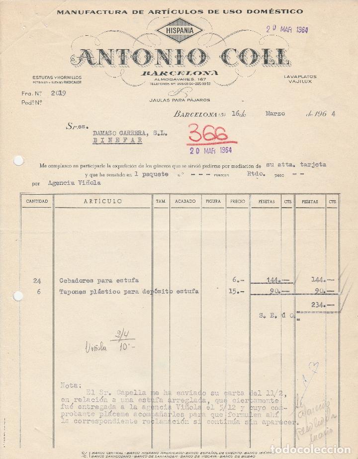 Alte Rechnungen: FACTURA. ANTONIO COLL. MANUFACTURA DE ART&Iacute;CULOS DE USO DOM&Eacute;STICO. BARCELONA. 1964.