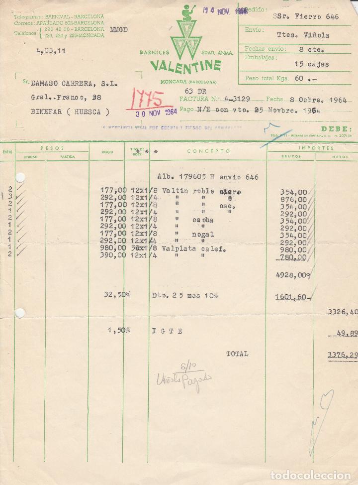 Alte Rechnungen: FACTURA. VALENTINE. SDA. DE BARNICES AN&Oacute;NIMA ESPA&Ntilde;OLA. MONCADA-BARCELONA. 1964.