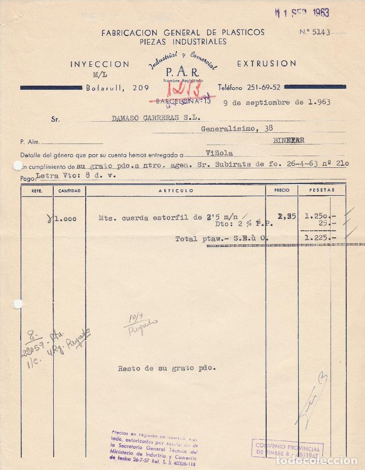 Alte Rechnungen: FACTURA. INDUSTRIAL Y COMERCIAL. P.A.R. FABRICACI&Oacute;N GENERAL DE PL&Aacute;STICOS. BARCELONA. 1963.