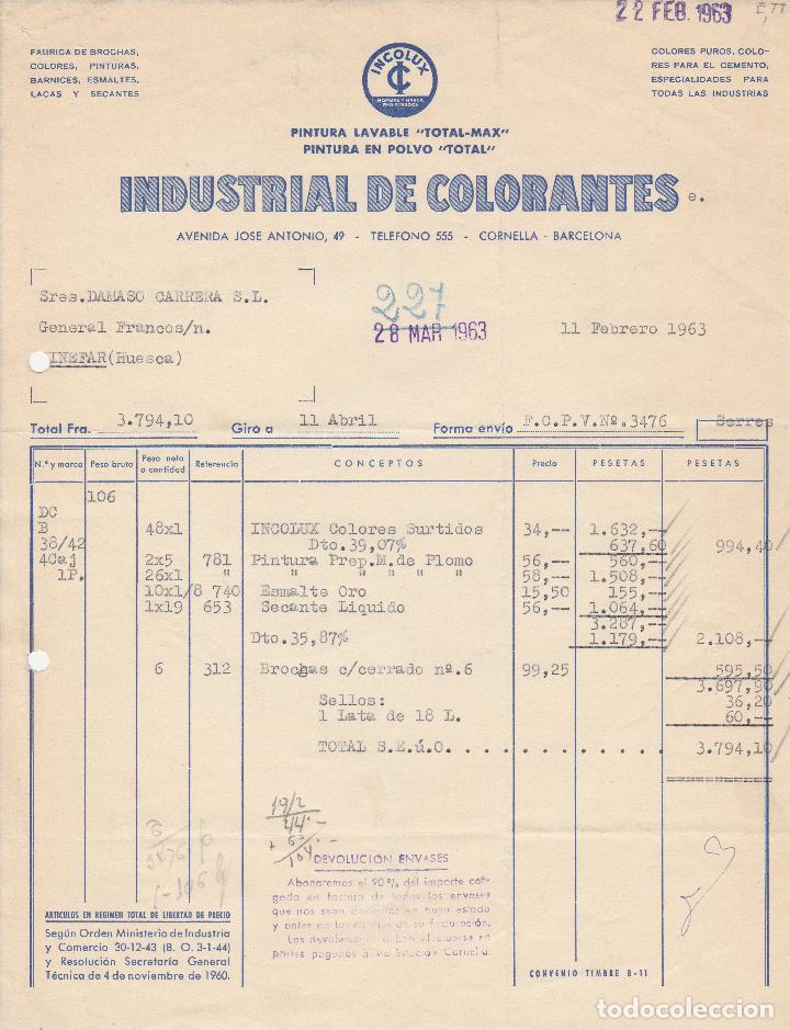 Alte Rechnungen: FACTURA. INDUSTRIAL DE COLORANTES. CORNELLA-BARCELONA. 1963.