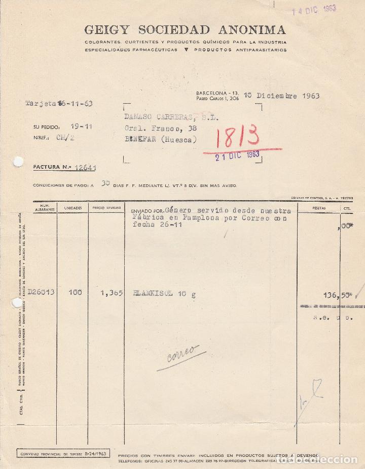 Alte Rechnungen: FACTURA. GEIGY SOCIEDAD AN&Oacute;NIMA. COLORANTES CURTIENTES Y PRODUCTOS QU&Iacute;MICOS. BARCELONA. 1963.