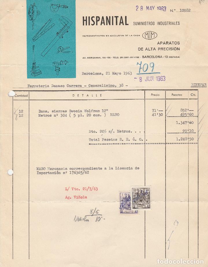 Alte Rechnungen: FACTURA. HISPANITAL SUMINISTROS INDUSTRIALES. BARCELONA. 1963.