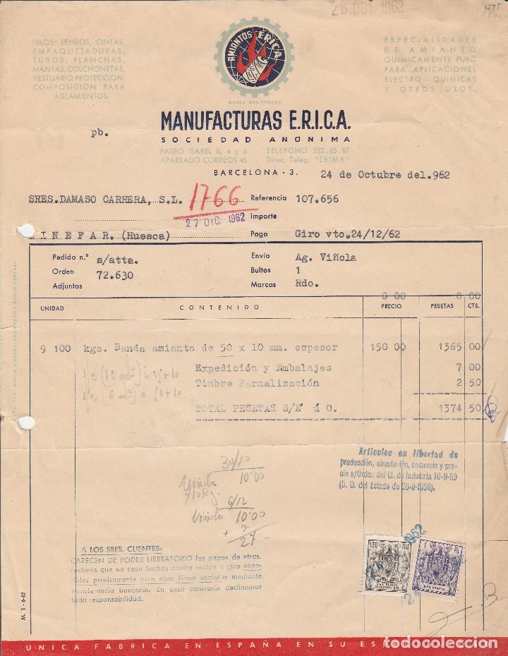 Alte Rechnungen: FACTURA. MANUFACTURAS E.R.I.C.A. SOCIEDAD AN&Oacute;NIMA. BARCELONA. 1962.