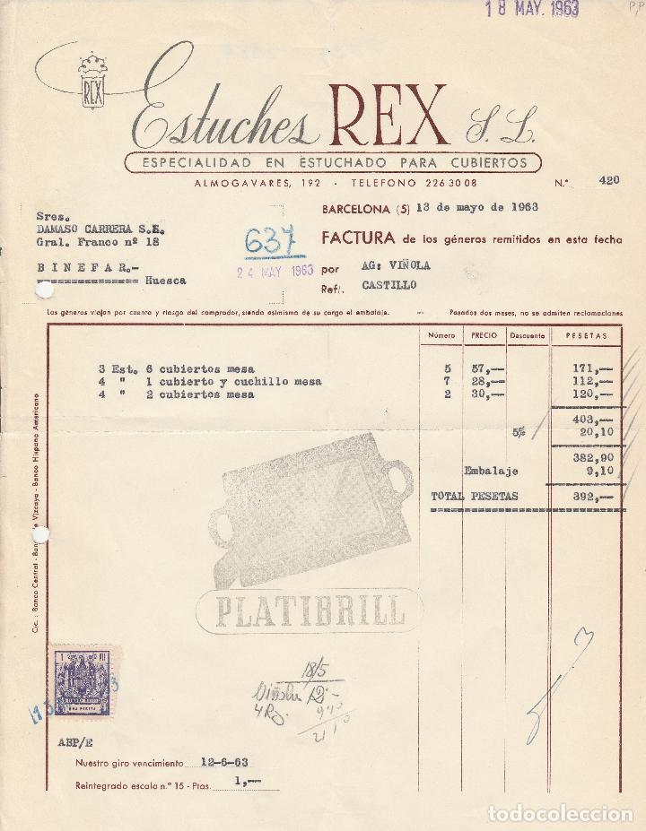 Alte Rechnungen: FACTURA. ESTUCHES REX. ESPECIALIDAD EN ESTUCHADO PARA CUBIERTOS. BARCELONA. 1963.