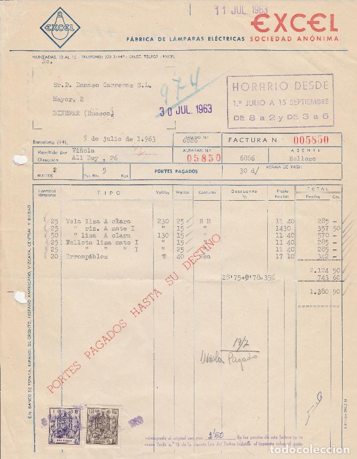 Alte Rechnungen: FACTURA. EXCEL, SOCIEDAD AN&Oacute;NIMA. F&Aacute;BRICA L&Aacute;MPARAS EL&Eacute;CTRICAS. BARCELONA. 1959.