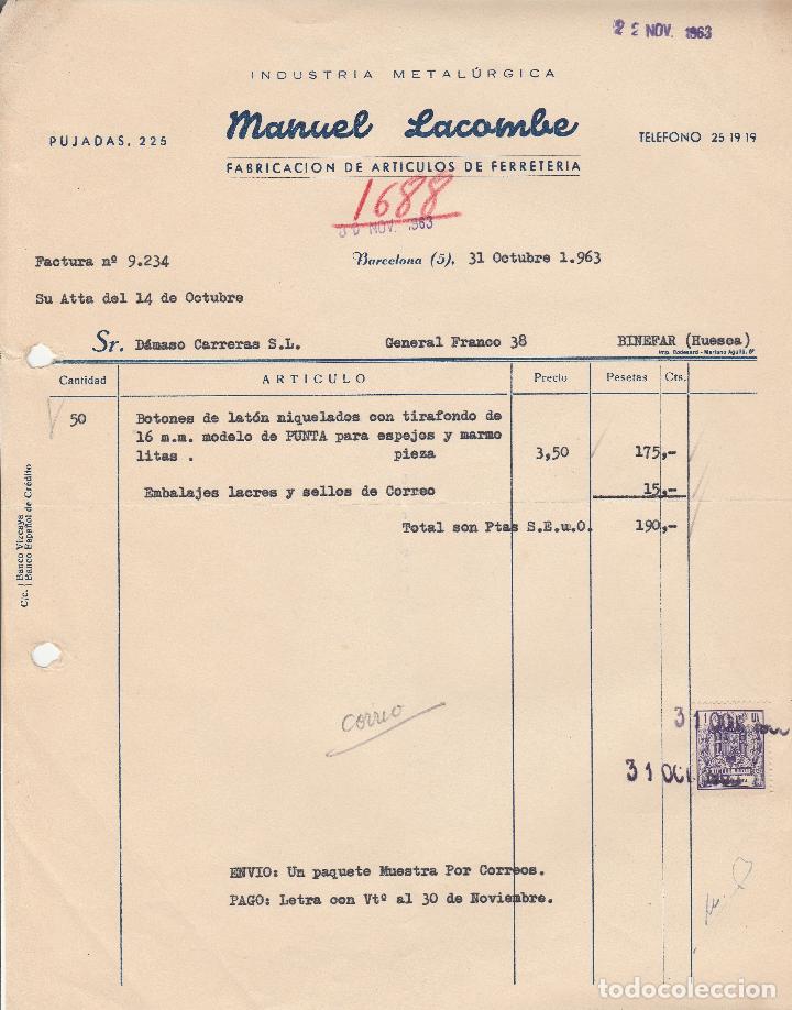 Alte Rechnungen: FACTURA. MANUEL LACOMBE. FABRICACI&Oacute;N DE ART&Iacute;CULOS DE FERRETER&Iacute;A. BARCELONA. 1963.