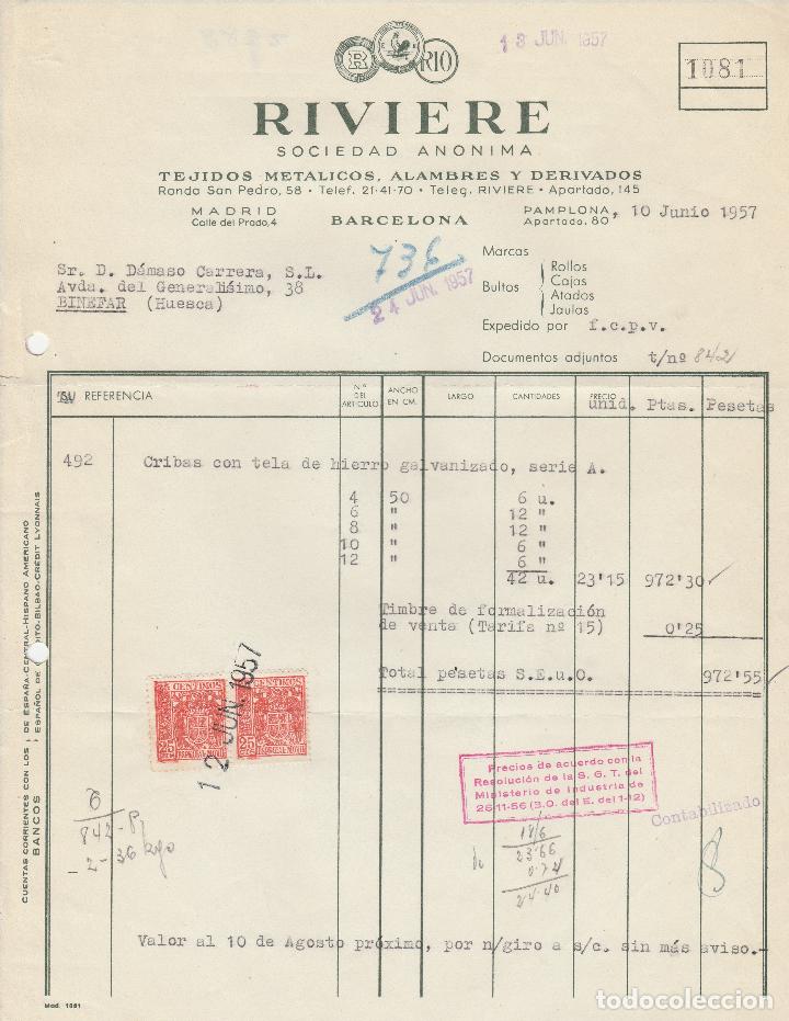 Alte Rechnungen: FACTURA. RIVIERE SOCIEDAD AN&Oacute;NIMA. BARCELONA. 1957.