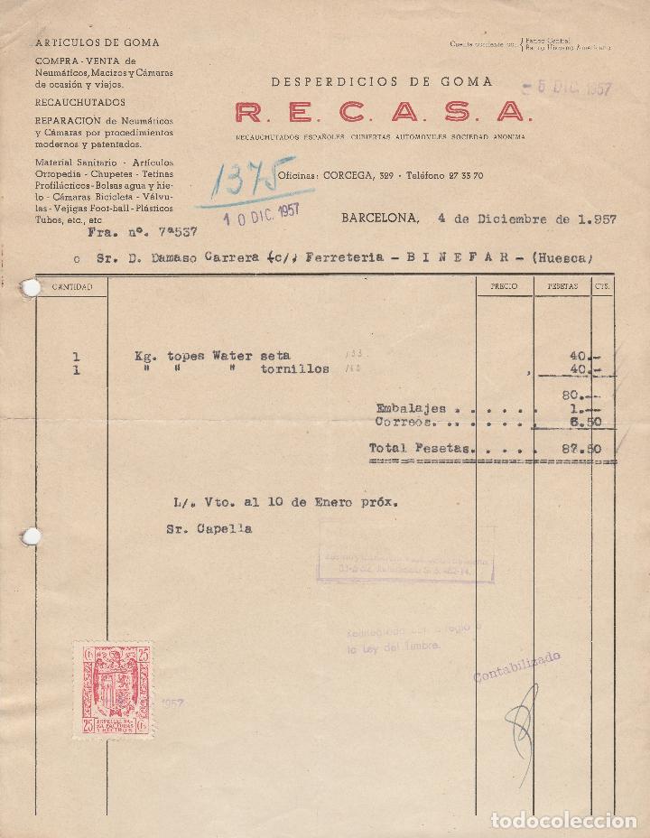 Alte Rechnungen: FACTURA. R.E.C.A.S.A.  DESPERDICIOS DE GOMA. BARCELONA. 1957.