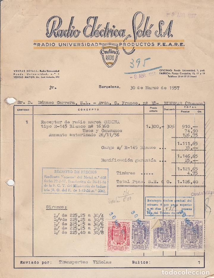 Alte Rechnungen: FACTURA. RADIO EL&Eacute;CTRICA SOL&Eacute; S.A. BARCELONA. 1957.
