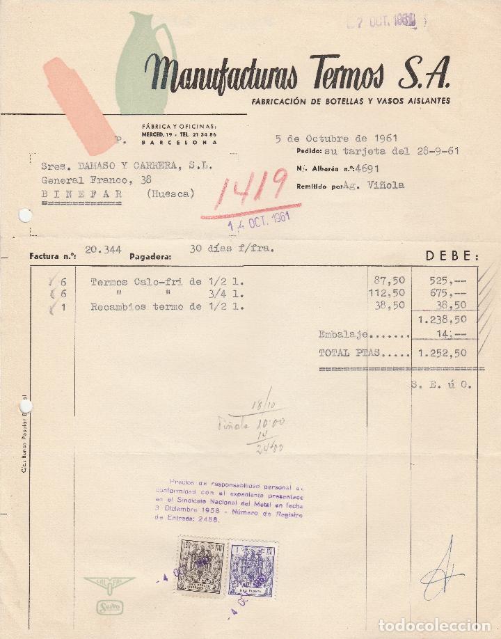 Alte Rechnungen: FACTURA. MANUFACTURAS TERMOS, S.A. FABRICACI&Oacute;N DE BOTELLAS Y VASOS AISLANTES. BARCELONA. 1961.