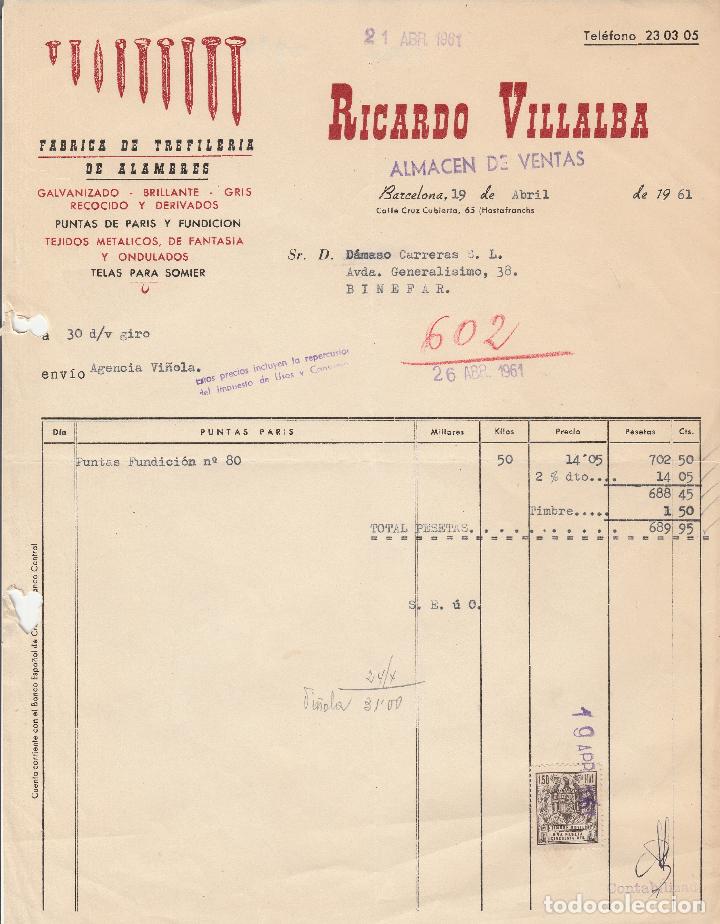 Alte Rechnungen: FACTURA. RICARDO VILLALBA. BARCELONA. 1961.