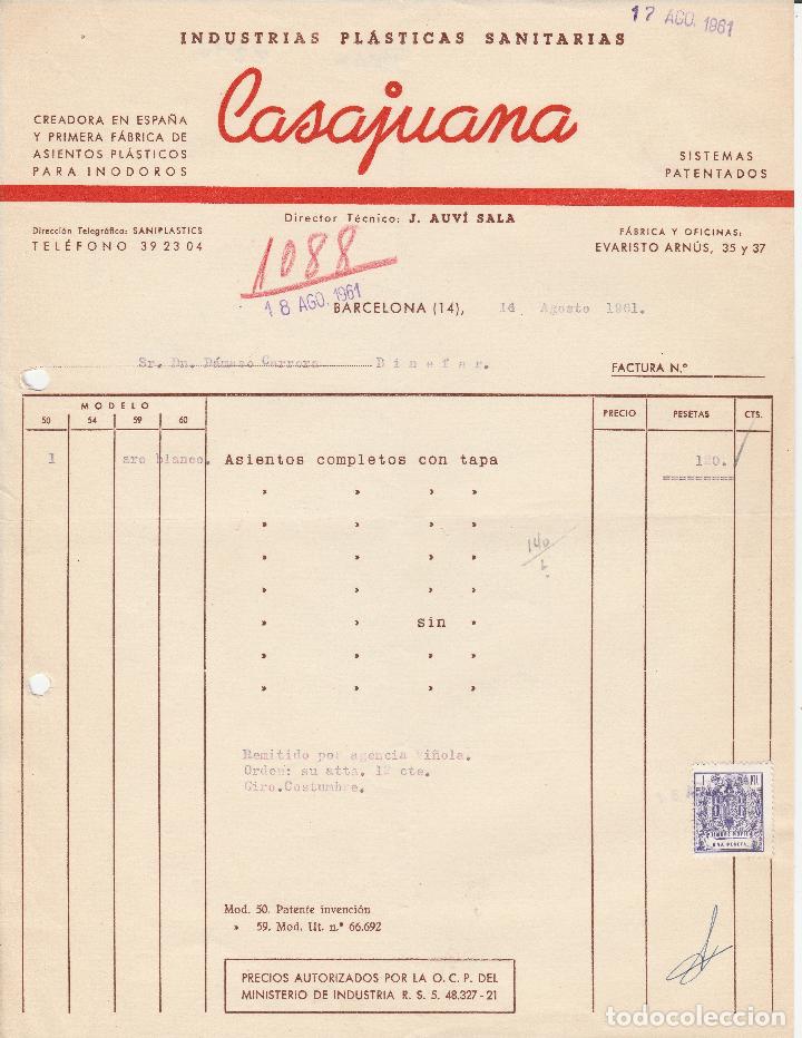 Alte Rechnungen: FACTURA. CASAJUANA. INDUSTRIAS PL&Aacute;STICAS SANITARIAS.BARCELONA. 1961.