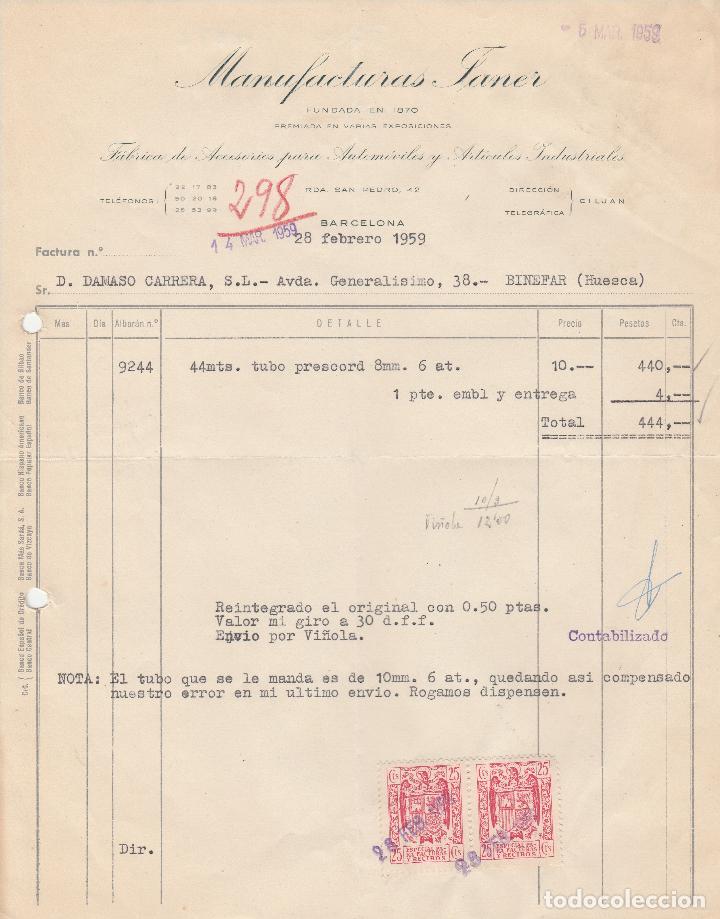 Alte Rechnungen: FACTURA. MANUFACTURAS TANER. BARCELONA. 1959.