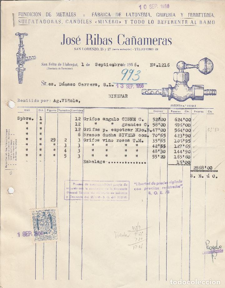 Alte Rechnungen: FACTURA. JOS&Eacute; RIBAS CA&Ntilde;AMERAS. FUNDICI&Oacute;N DE METALES. SAN FELIU DE LLOBREGAT-BARCELONA. 1956.