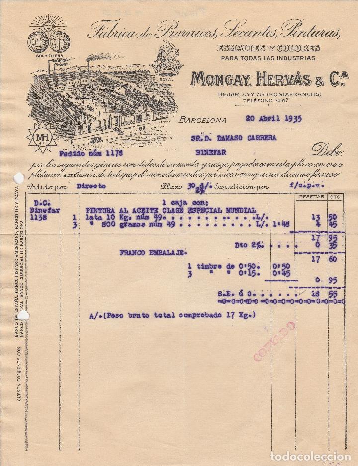 Alte Rechnungen: FACTURA. F&Aacute;BRICA DE BARNICES, SECANTES PINTURAS. MONGAY, HERVAS & CA. BARCELONA. 1935.