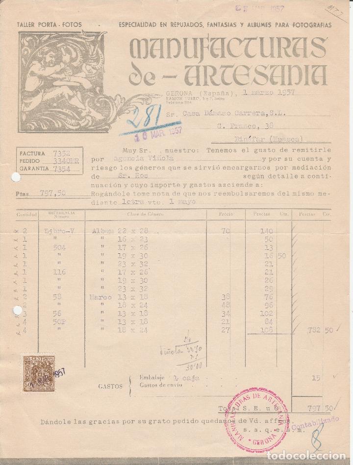 Alte Rechnungen: FACTURA. MANUFACTURA DE ARTESAN&Iacute;A. ESPECIALIDAD EN REPUJADOS, FANTAS&Iacute;AS Y ALBUNES. GERONA. 1957.