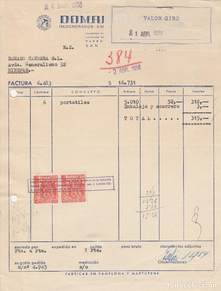 Alte Rechnungen: FACTURA. DOMANH&Uacute; S.L. REGENERADOS-CAUCHO-EBONITA-`PLASTICOS. SAN SEBASTIAN. 1958.