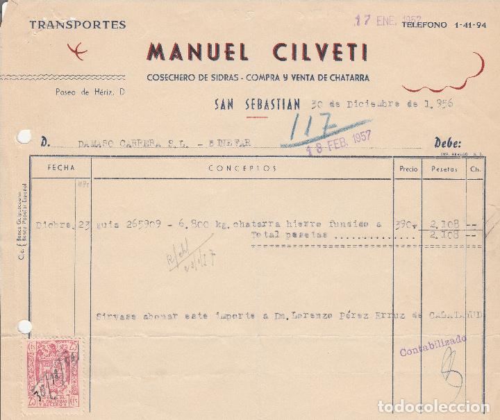 Alte Rechnungen: FACTURA. MANUEL CILVETI. COSECHERO DE SIDRAS. COMPRA Y VENTA DE CHATARRA. SAN SEBASTIAN 1956.