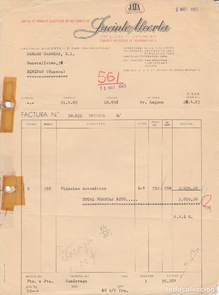 Alte Rechnungen: FACTURA. JACINTO ALCORTA. ART&Iacute;CULOS DE ORFEBRERIA. JATA. EIBAR-GUIPUZCOA. 1965.