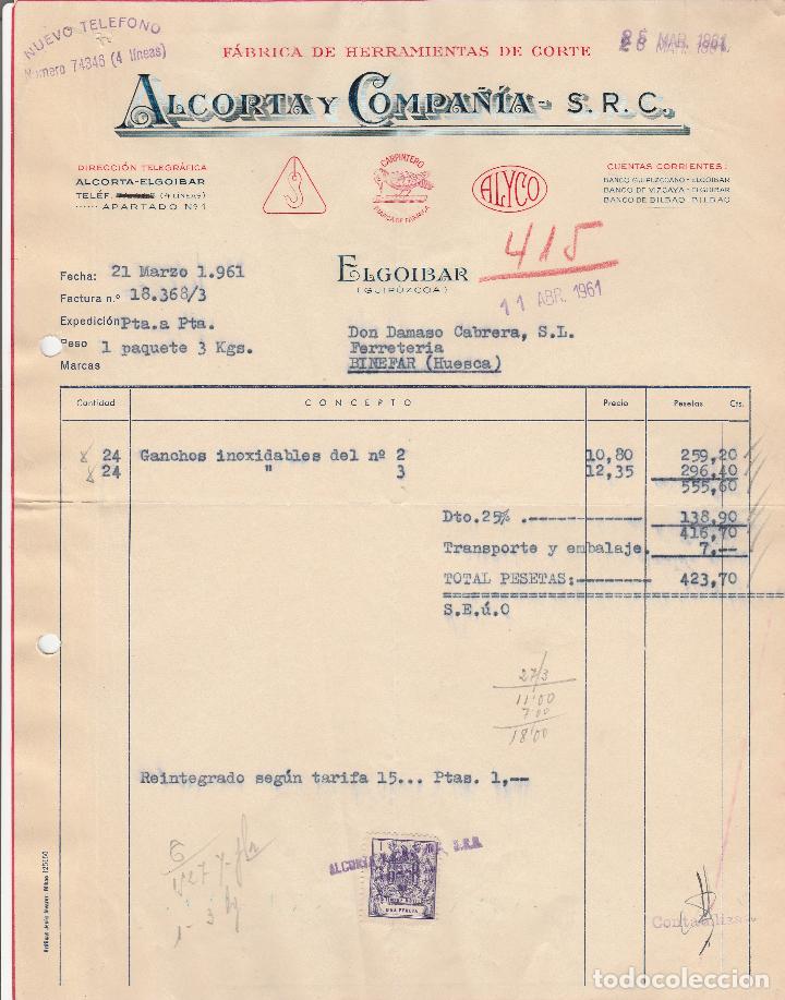 Alte Rechnungen: FACTURA. ALCORTA Y COMPA&Ntilde;IA. S.R.C. FABRICA DE HERRAMIENTAS DE CORTE. ELGOIBAR-GUIPUZCOA. 1961.
