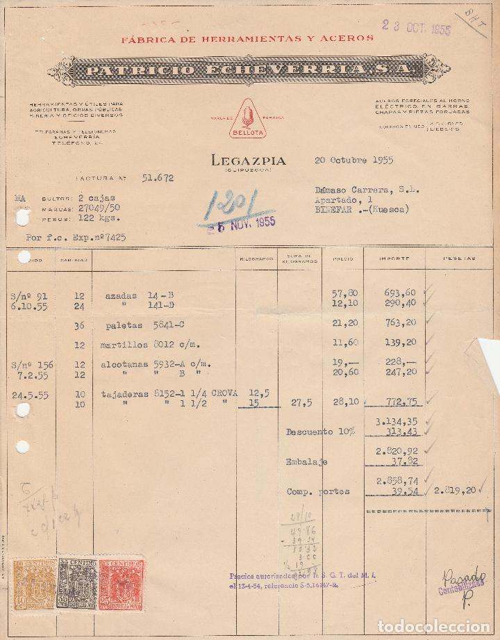 Alte Rechnungen: FACTURA. PATRICIO ECHEVARRIA, S.A. FABRICA DE HERRAMIENTAS Y ACEROS. LEGAZPIA-GUIPUZCOA. 1955.