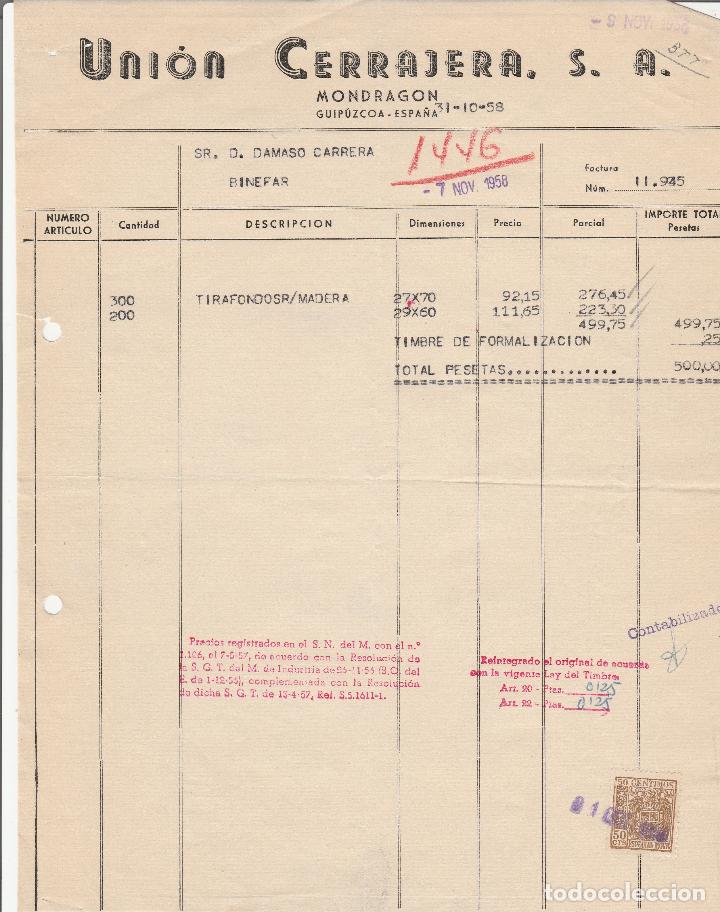 Alte Rechnungen: FACTURA. UNION CERRAJERA S.A. MONDRAGON-GUIPUZCOA. 1958.