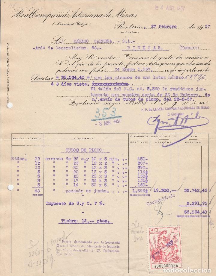 Alte Rechnungen: FACTURA. REAL COMPA&Ntilde;&Iacute;A ASTURIANA DE MINAS, SOCIEDAD BELGA.  RENTERIA-GUIPUZCOA. 1957.
