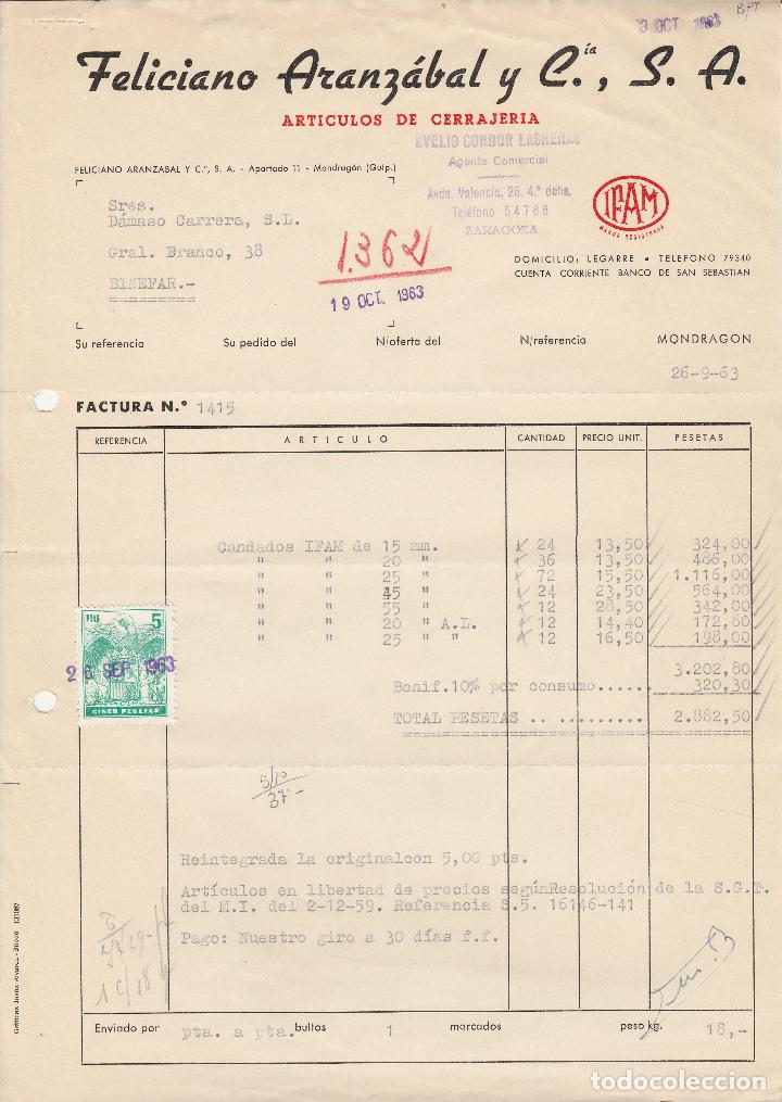 Alte Rechnungen: FACTURA. FELICIANO ARANZABAL Y CIA. S.R.G. ART&Iacute;CULOS DE CERRAJER&Iacute;A. MONDRAGON-GUIPUZCOA.1963.