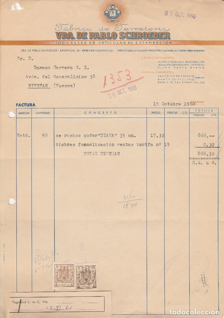 Alte Rechnungen: FACTURA. VDA. DE PABLO SCHROEDER. F&Aacute;BRICA DE FERRETER&Iacute;A. HERNANI. GUIPUZCOA. 1960.