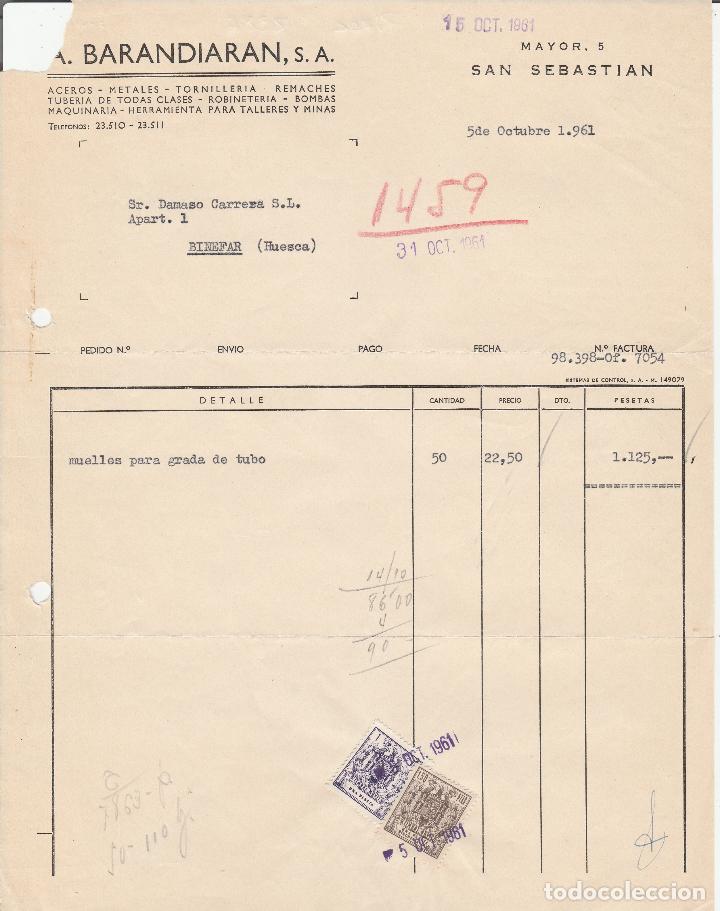 Alte Rechnungen: FACTURA. A. BARANDIAR&Aacute;N. ACEROS-METALES-TORNILLERIA.-REMACHES. SAN SEBASTIAN. 1961.