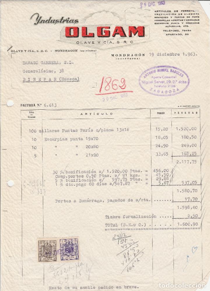 Alte Rechnungen: FACTURA. INDUSTRIAS OLGAN. OLAVE Y CIA. S.R.C.  MONDRAG&Oacute;N-GUIPUZCOA. 1963.
