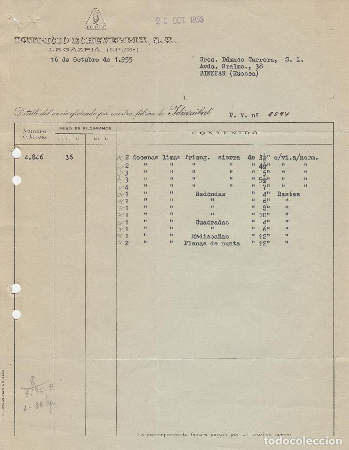 Alte Rechnungen: FACTURA. PATRICIO ECHEVARRIA, S.A.  LEGAZPIA-GUIPUZCOA. 1955.