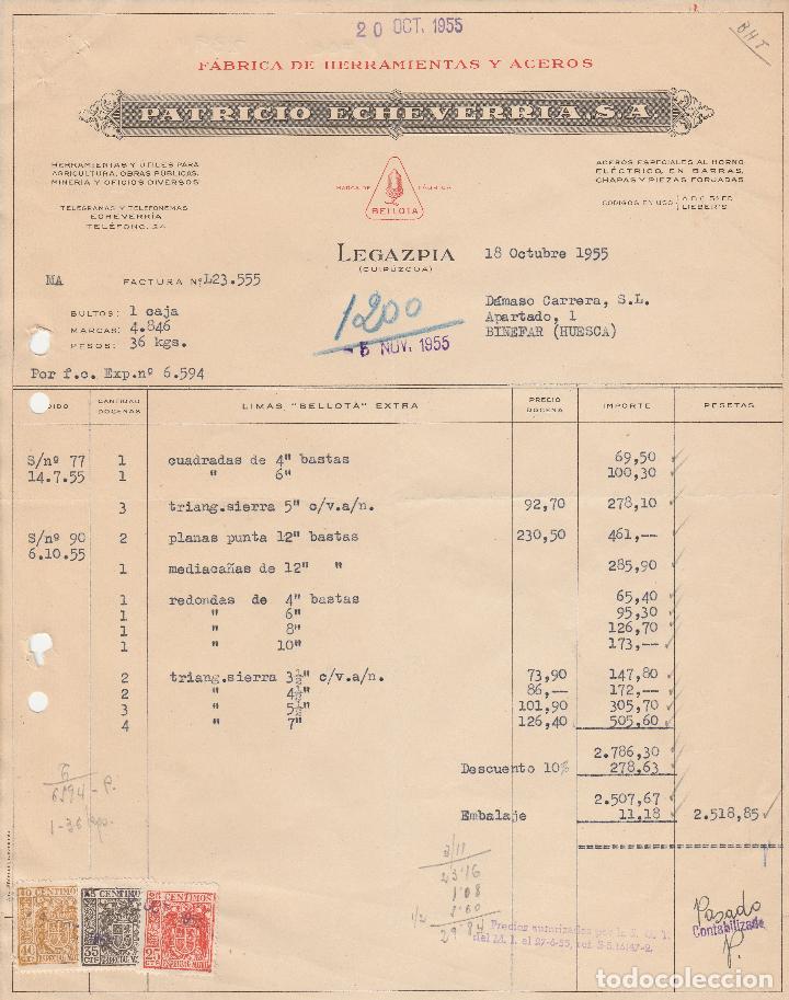 Alte Rechnungen: FACTURA. PATRICIO ECHEVARRIA, S.A. FABRICA DE HERRAMIENTAS Y ACEROS. LEGAZPIA-GUIPUZCOA. 1955.