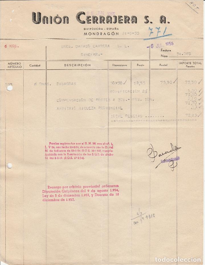 Alte Rechnungen: FACTURA. UNI&Oacute;N CERRAJERA S.A. MONDRAGON-GUIPUZCOA. 1955.