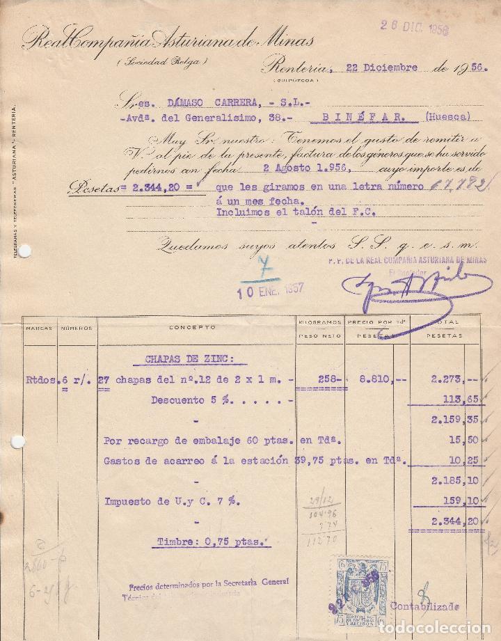 Alte Rechnungen: FACTURA. REAL COMPA&Ntilde;&Iacute;A ASTURIANA DE MINAS, SOCIEDAD BELGA.  RENTERIA-GUIPUZCOA. 1956.