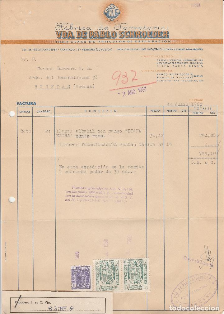 Alte Rechnungen: FACTURA. VDA. DE PABLO SCHROEDER. F&Aacute;BRICA DE FERRETERIA. HERNANI. GUIPUZCOA. 1960.