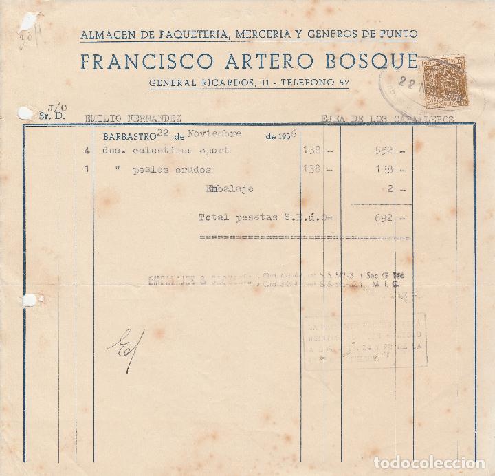 Fatture antiche: FACTURA. FRANCISCO ARTERO BOSQUE. ALMAC&Eacute;N DE PAQUETER&Iacute;A, MERCER&Iacute;A Y G&Eacute;NEROS DE PUNTO. BARBASTRO.1956