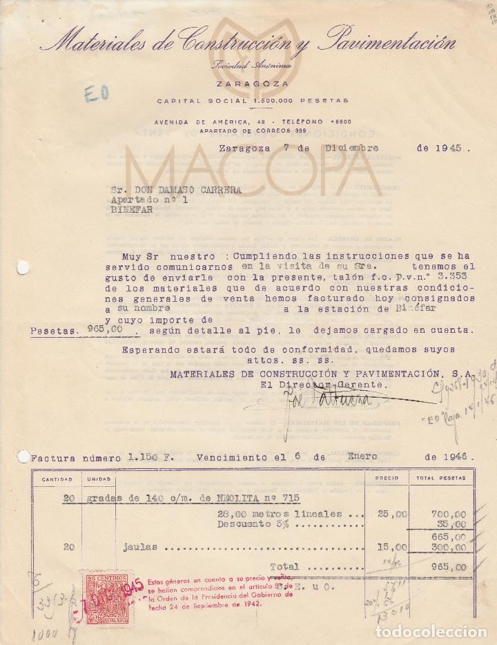 Fatture antiche: FACTURA. MATERIALES DE CONSTRUCCI&Oacute;N Y PAVIMENTACI&Oacute;N, SOCIEDAD AN&Oacute;NIMA. ZARAGOZA. 1945.
