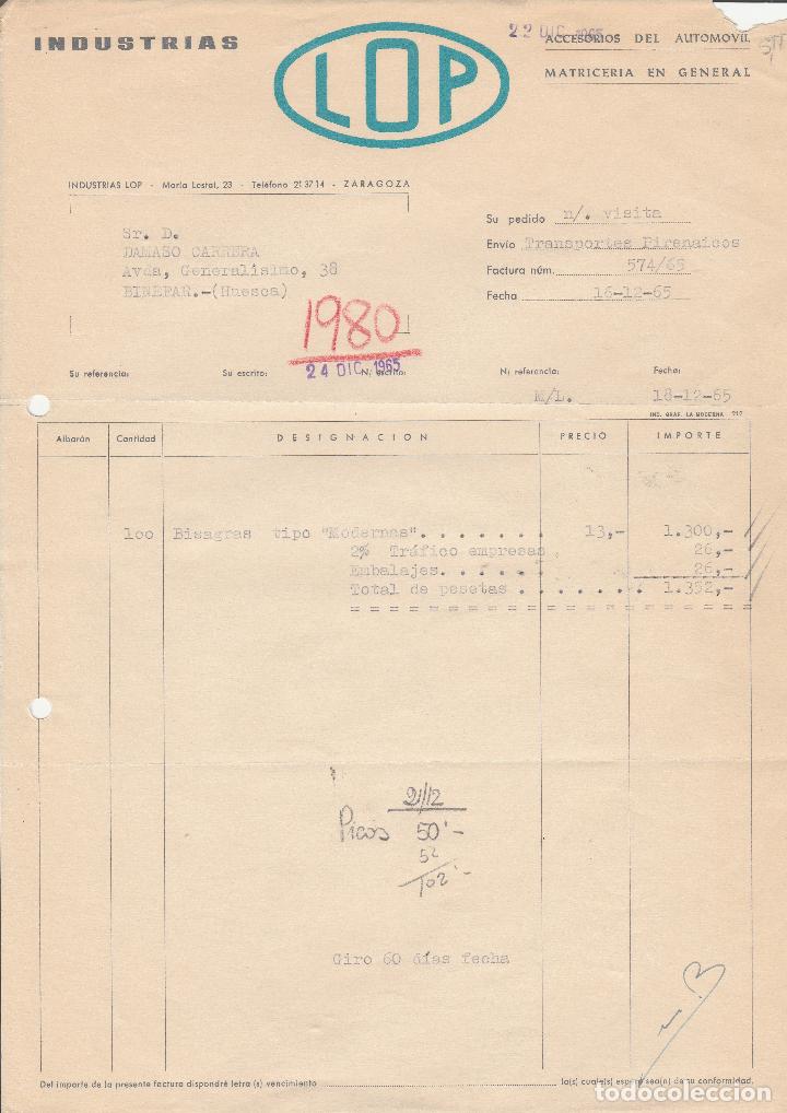 Fatture antiche: FACTURA. INDUSTRIAS L O P. ZARAGOZA. 1965.