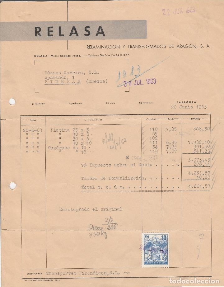 Fatture antiche: FACTURA. RELASA. RELAMINACI&Oacute;N Y TRANSFORMADOS DE ARAG&Oacute;N, S.A. ZARAGOZA. 1963.