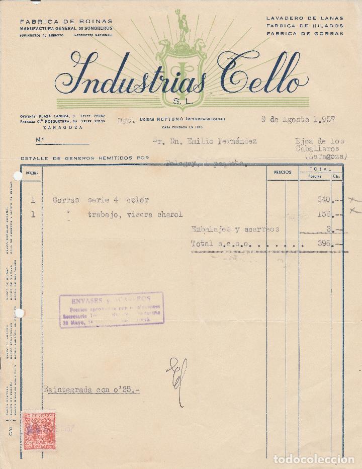 Fatture antiche: FACTURA. INDUSTRIAS TELLO. S.L. FABRICA DE BOINAS. ZARAGOZA. 1957.