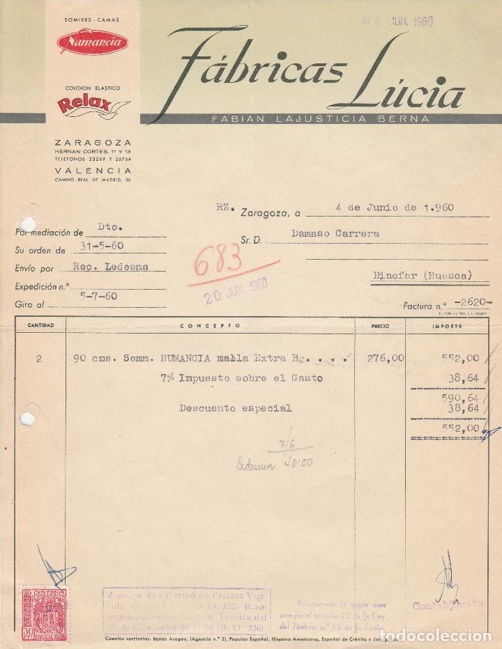 Fatture antiche: FACTURA. F&Aacute;BRICAS L&Uacute;CIA. SOMIER NUMANCIA-CAMAS.  ZARAGOZA. 1960.