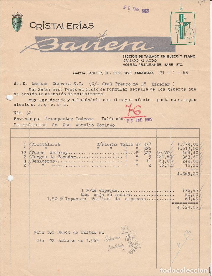Fatture antiche: FACTURA. CRISTALER&Iacute;AS BAVIERA. ZARAGOZA. 1965.