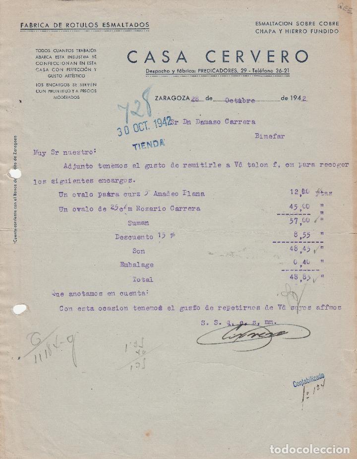 Fatture antiche: FACTURA. CASA CERVERO. F&Aacute;BRICA DE R&Oacute;TULOS ESMALTADOS. ZARAGOZA. 1942.