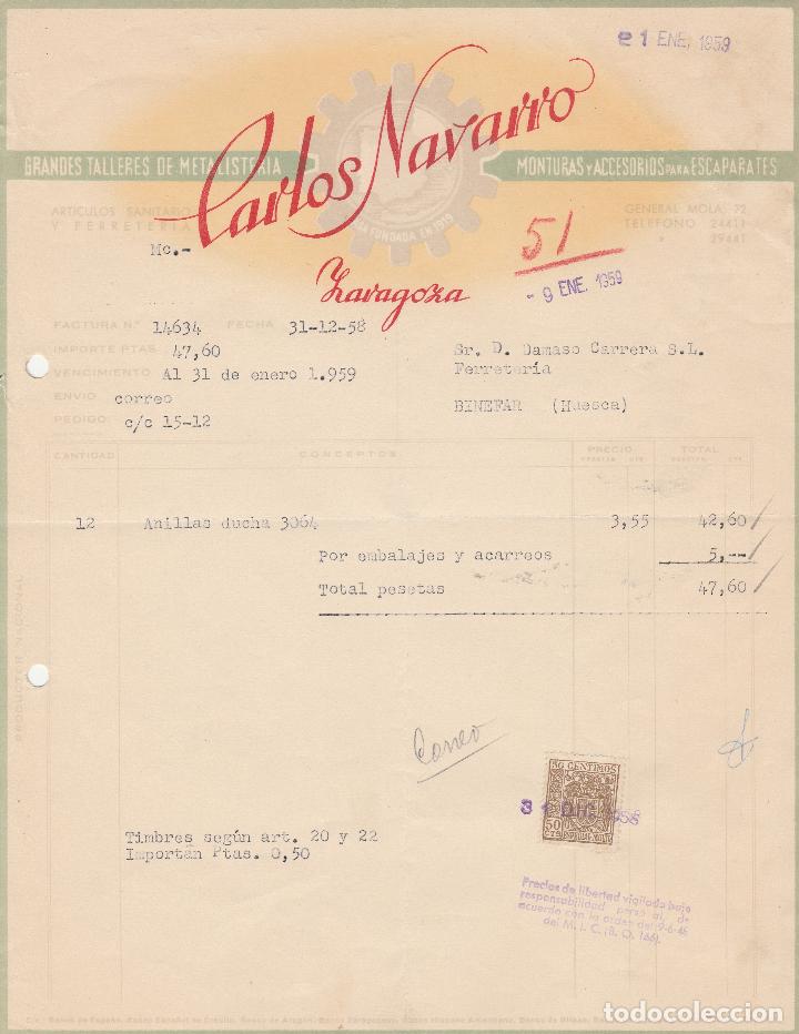 Fatture antiche: FACTURA. CARLOS NAVARRO. MONTURAS Y ACCESORIOS PARA ESCAPARATES. ZARAGOZA. 1959.