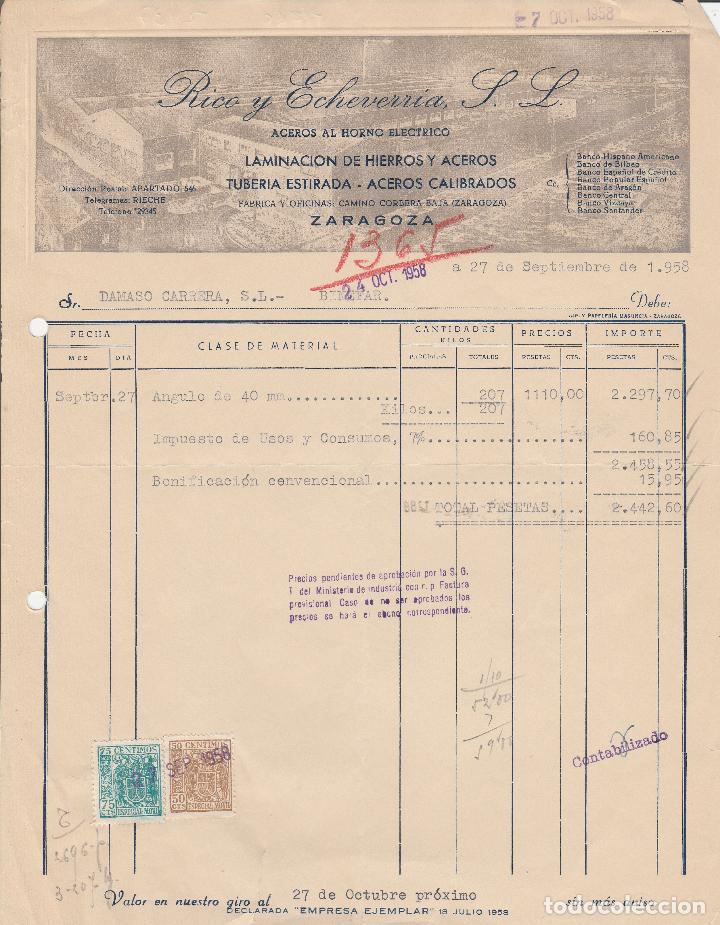 Fatture antiche: FACTURA. RICO Y ECHEVERRIA, S.L. ACEROS AL HORNO ELECTRICO. ZARAGOZA. 1958.